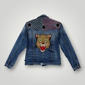Top Gun Denim Jacket Mens L Patchwork Biker Patriotic Tiger Skull